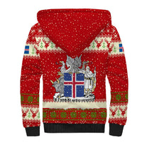 Iceland Christmas Sherpa Hoodie with Red Snowflake Pattern Yule Cat and National Coat of Arms Motif - Wonder Print Shop