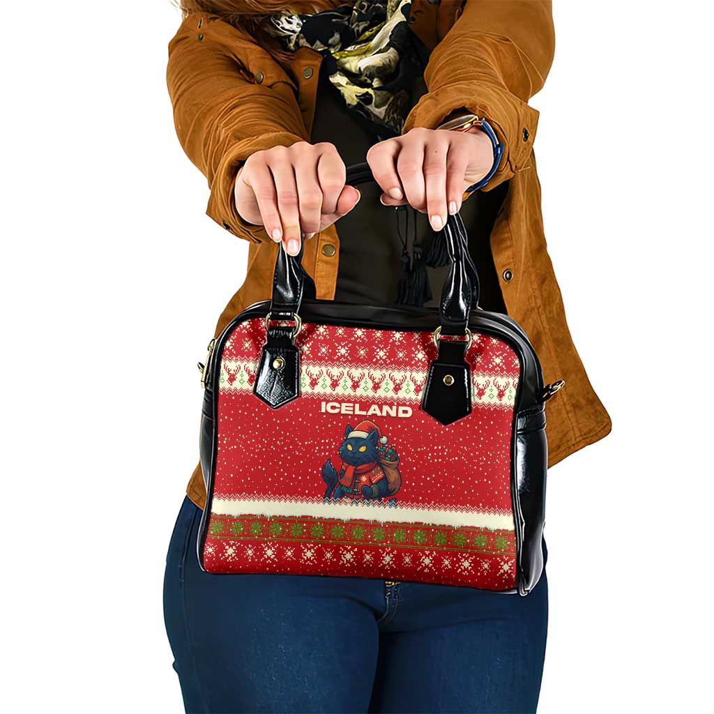 Iceland Christmas Shoulder Handbag with Red Snowflake Pattern Yule Cat and National Coat of Arms Motif - Wonder Print Shop