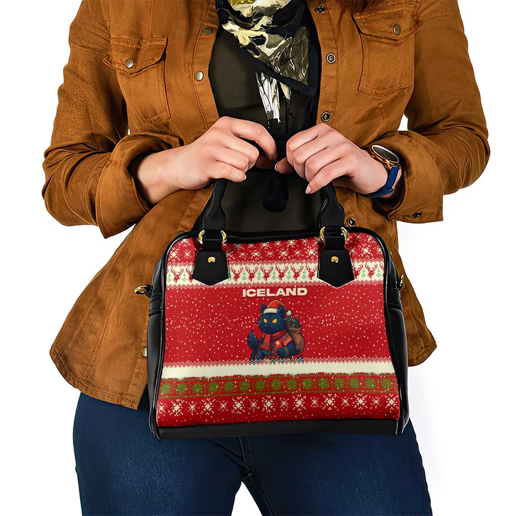 Iceland Christmas Shoulder Handbag with Red Snowflake Pattern Yule Cat and National Coat of Arms Motif - Wonder Print Shop