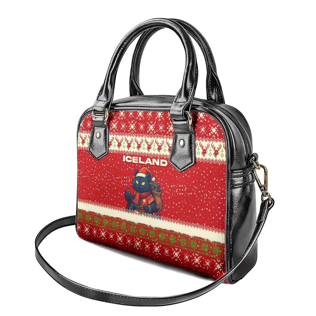 Iceland Christmas Shoulder Handbag with Red Snowflake Pattern Yule Cat and National Coat of Arms Motif - Wonder Print Shop