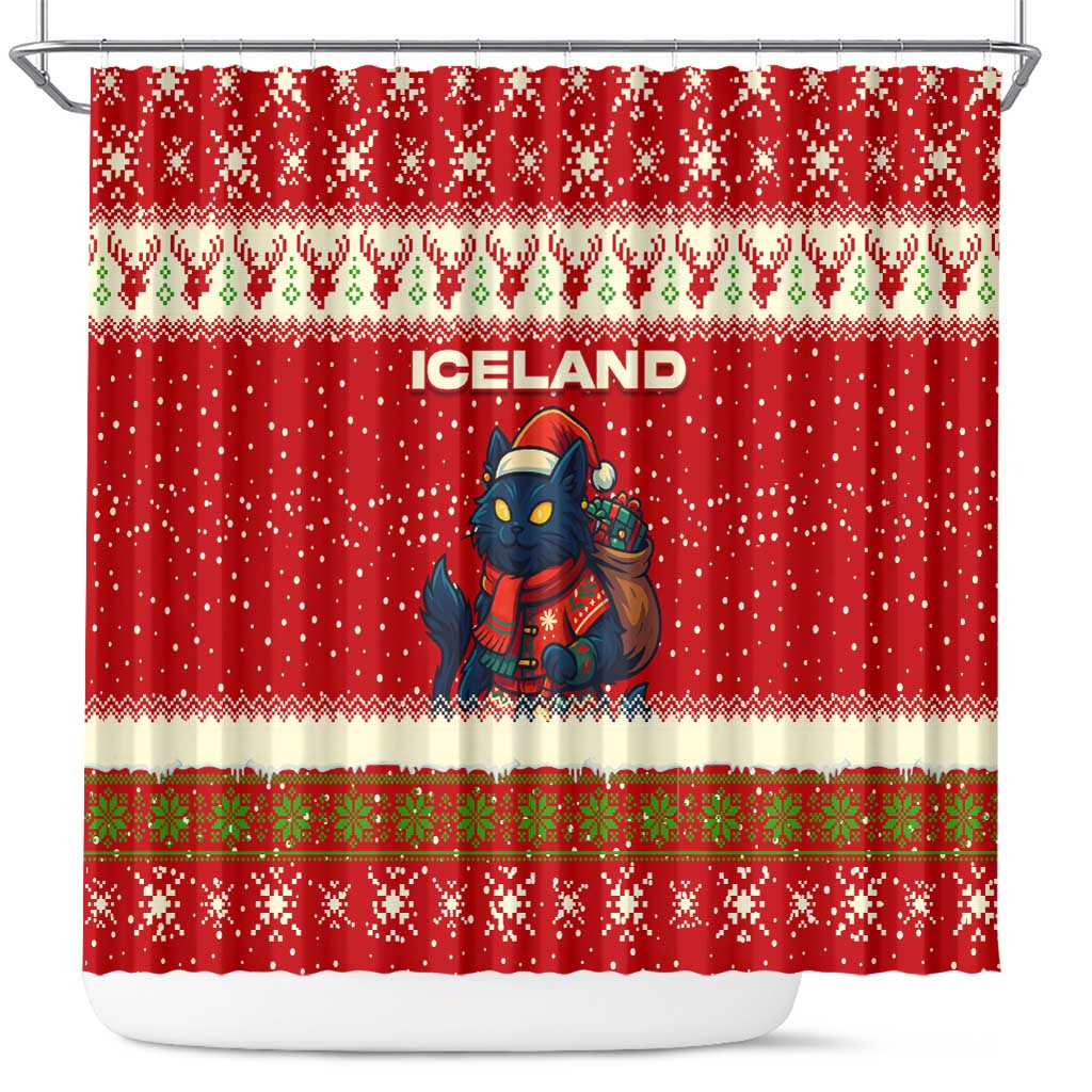 Iceland Christmas Shower Curtain with Red Snowflake Pattern Yule Cat and National Coat of Arms Motif - Wonder Print Shop
