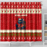 Iceland Christmas Shower Curtain with Red Snowflake Pattern Yule Cat and National Coat of Arms Motif - Wonder Print Shop