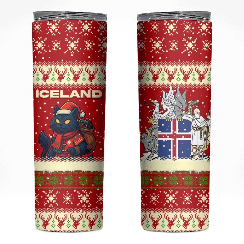 Iceland Christmas Skinny Tumbler with Red Snowflake Pattern Yule Cat and National Coat of Arms Motif - Wonder Print Shop