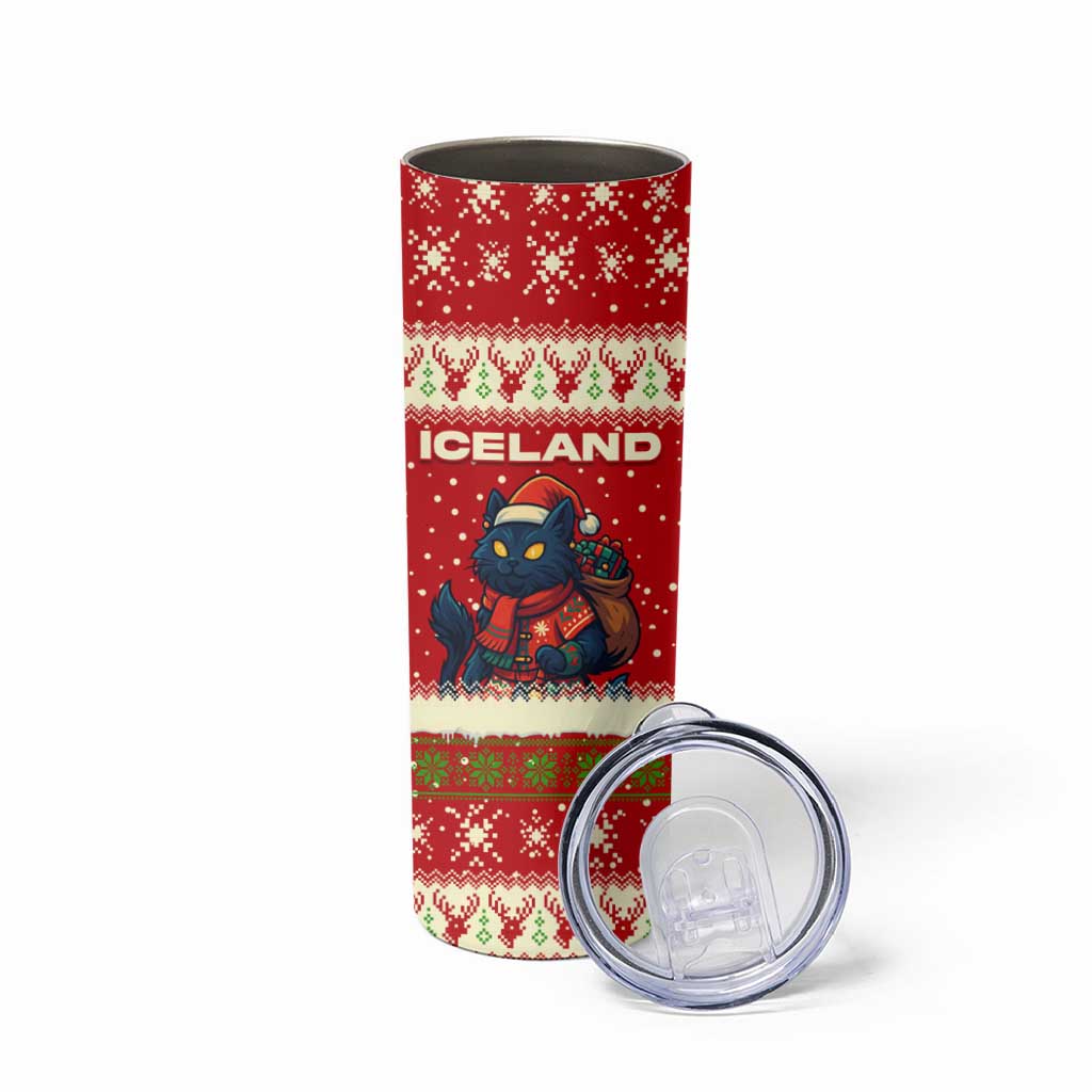 Iceland Christmas Skinny Tumbler with Red Snowflake Pattern Yule Cat and National Coat of Arms Motif - Wonder Print Shop