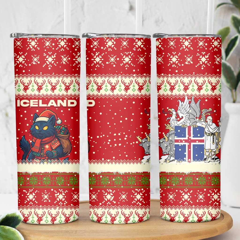 Iceland Christmas Skinny Tumbler with Red Snowflake Pattern Yule Cat and National Coat of Arms Motif - Wonder Print Shop