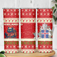 Iceland Christmas Skinny Tumbler with Red Snowflake Pattern Yule Cat and National Coat of Arms Motif - Wonder Print Shop
