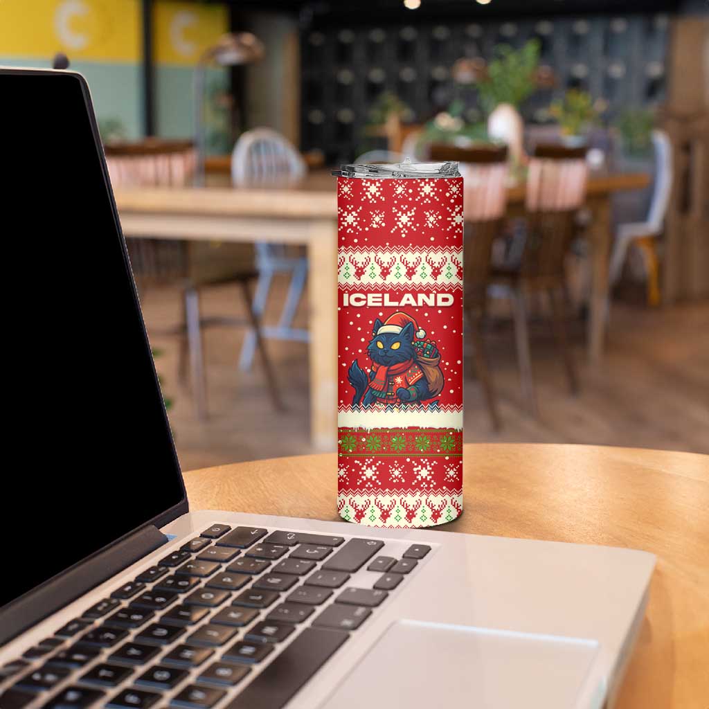 Iceland Christmas Skinny Tumbler with Red Snowflake Pattern Yule Cat and National Coat of Arms Motif - Wonder Print Shop