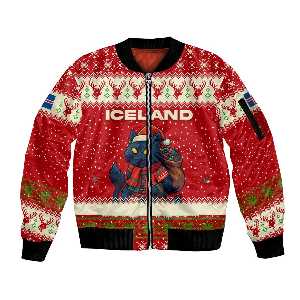 Iceland Christmas Sleeve Zip Bomber Jacket with Red Snowflake Pattern Yule Cat and National Coat of Arms Motif - Wonder Print Shop