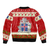 Iceland Christmas Sleeve Zip Bomber Jacket with Red Snowflake Pattern Yule Cat and National Coat of Arms Motif - Wonder Print Shop