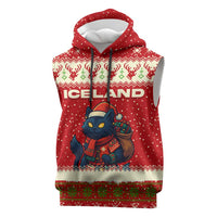 Iceland Christmas Sleeveless Hoodie with Red Snowflake Pattern Yule Cat and National Coat of Arms Motif - Wonder Print Shop