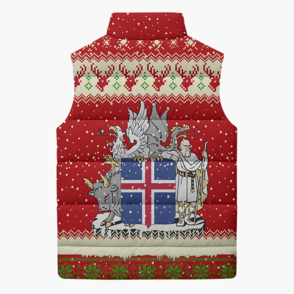 Iceland Christmas Sleeveless Puffer Jacket with Red Snowflake Pattern Yule Cat and National Coat of Arms Motif - Wonder Print Shop