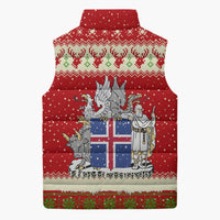 Iceland Christmas Sleeveless Puffer Jacket with Red Snowflake Pattern Yule Cat and National Coat of Arms Motif - Wonder Print Shop