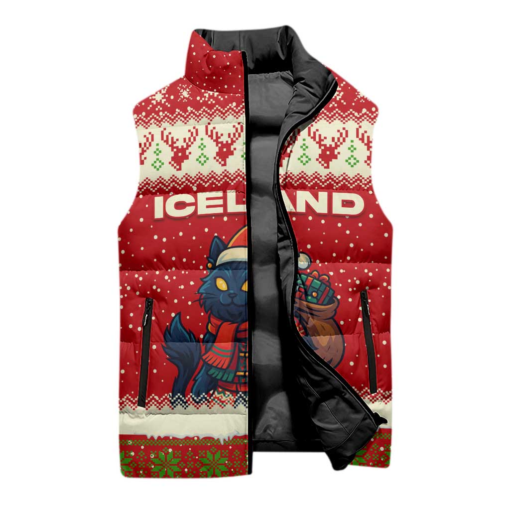 Iceland Christmas Sleeveless Puffer Jacket with Red Snowflake Pattern Yule Cat and National Coat of Arms Motif - Wonder Print Shop