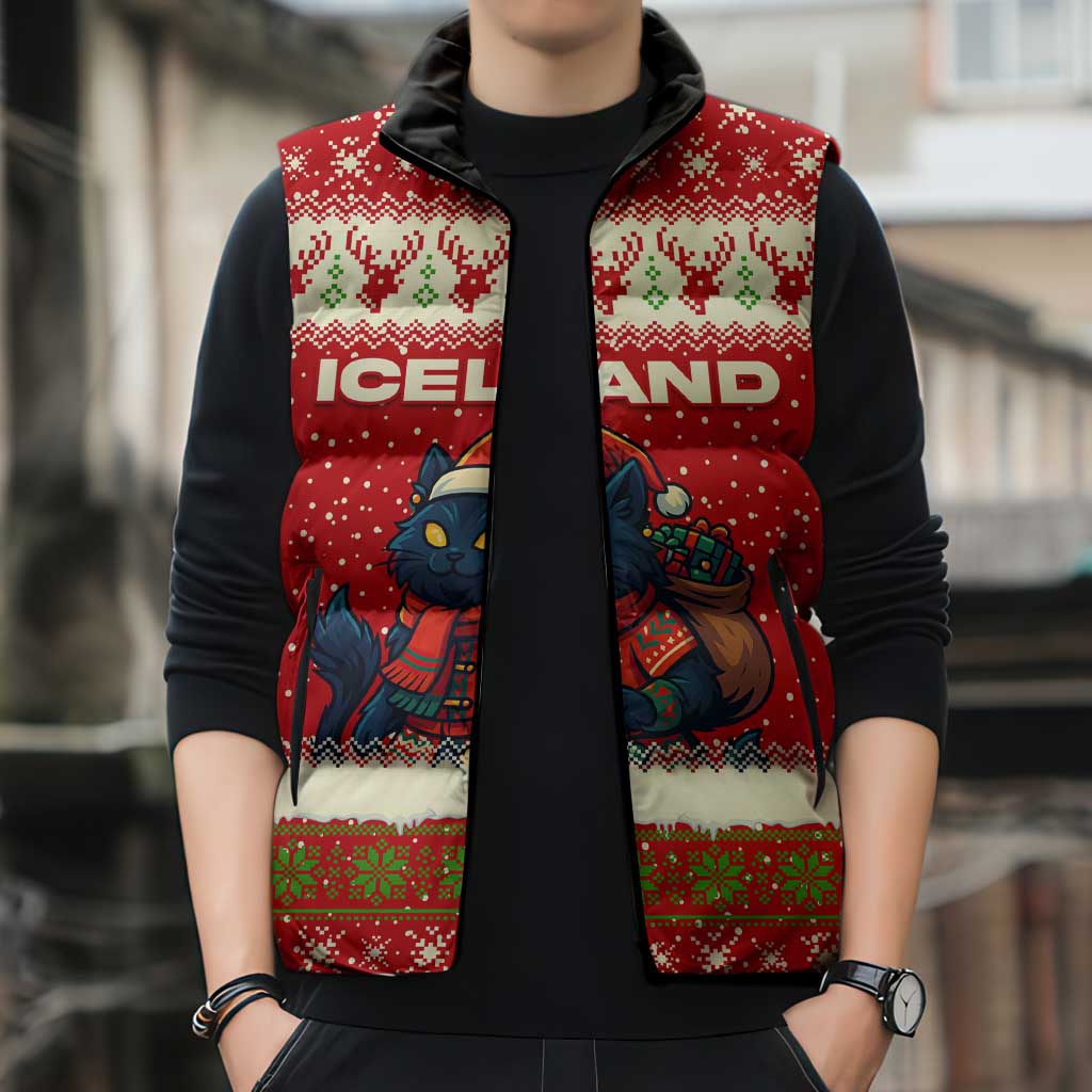 Iceland Christmas Sleeveless Puffer Jacket with Red Snowflake Pattern Yule Cat and National Coat of Arms Motif - Wonder Print Shop