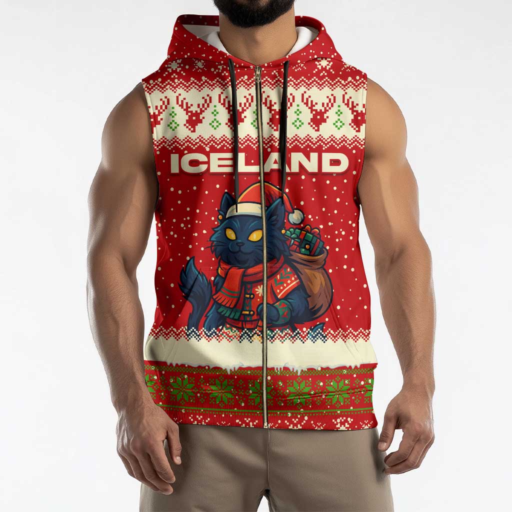Iceland Christmas Sleeveless Zip Hoodie with Red Snowflake Pattern Yule Cat and National Coat of Arms Motif - Wonder Print Shop