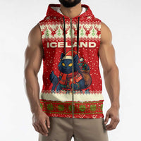 Iceland Christmas Sleeveless Zip Hoodie with Red Snowflake Pattern Yule Cat and National Coat of Arms Motif - Wonder Print Shop