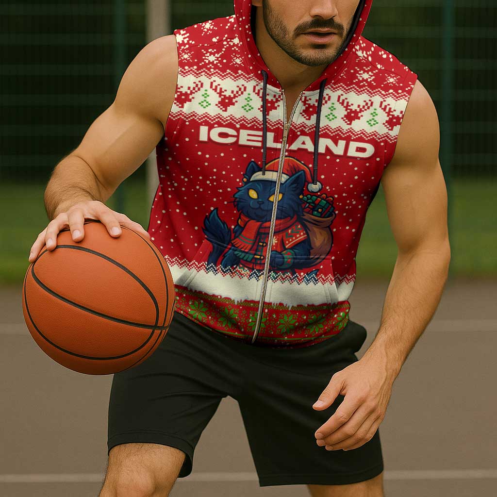 Iceland Christmas Sleeveless Zip Hoodie with Red Snowflake Pattern Yule Cat and National Coat of Arms Motif - Wonder Print Shop