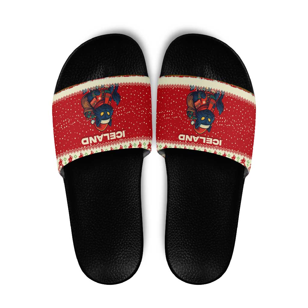 Iceland Christmas Slide Sandals with Red Snowflake Pattern Yule Cat and National Coat of Arms Motif - Wonder Print Shop