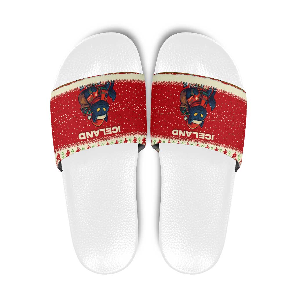 Iceland Christmas Slide Sandals with Red Snowflake Pattern Yule Cat and National Coat of Arms Motif - Wonder Print Shop