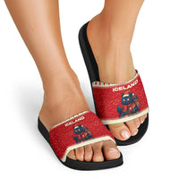 Iceland Christmas Slide Sandals with Red Snowflake Pattern Yule Cat and National Coat of Arms Motif - Wonder Print Shop