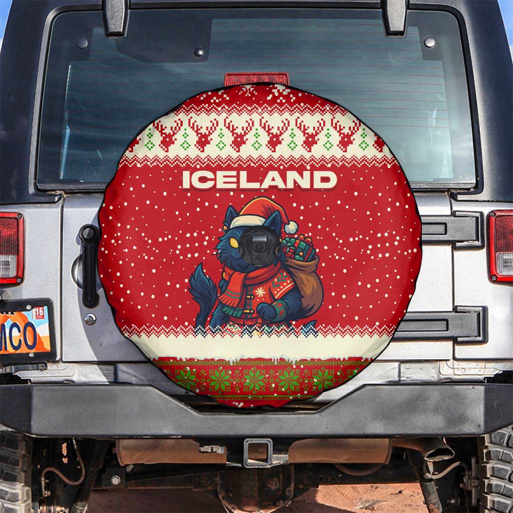 Iceland Christmas Spare Tire Cover with Red Snowflake Pattern Yule Cat and National Coat of Arms Motif - Wonder Print Shop