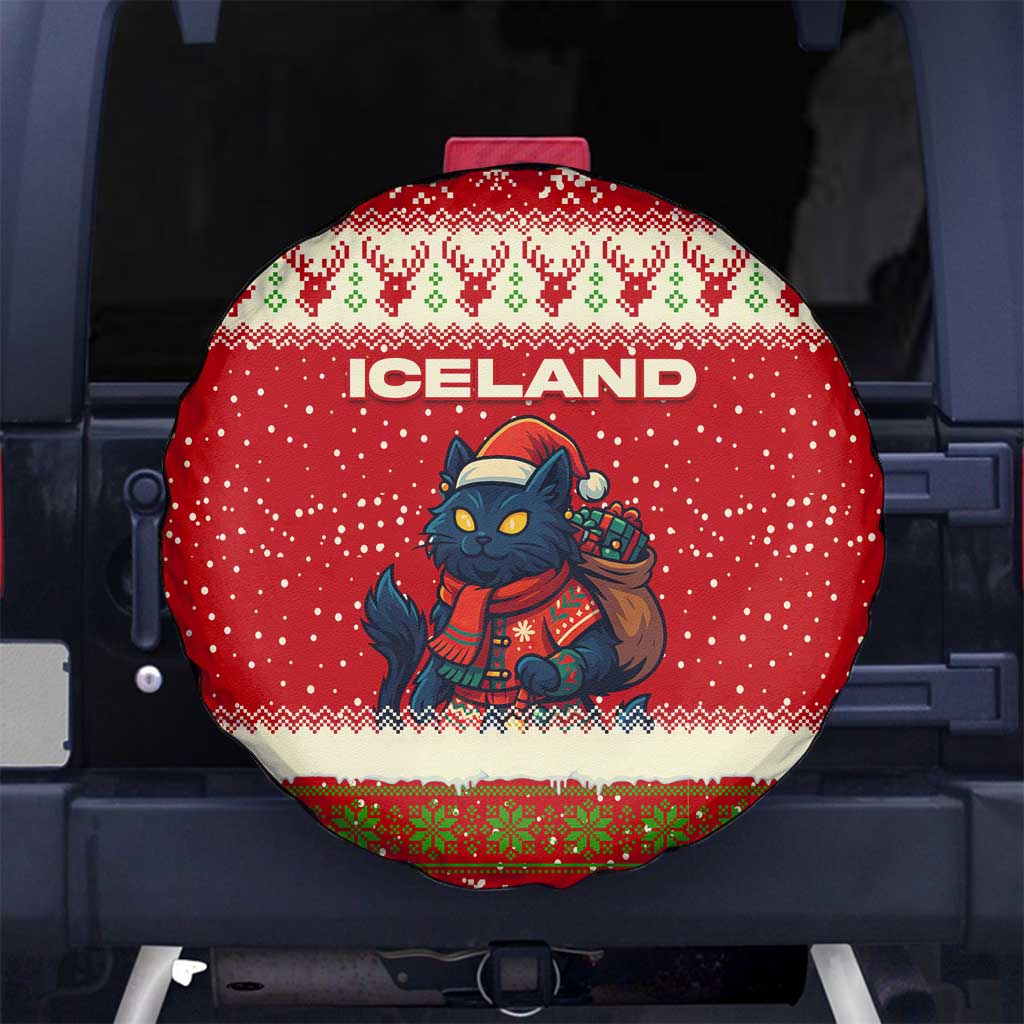 Iceland Christmas Spare Tire Cover with Red Snowflake Pattern Yule Cat and National Coat of Arms Motif - Wonder Print Shop