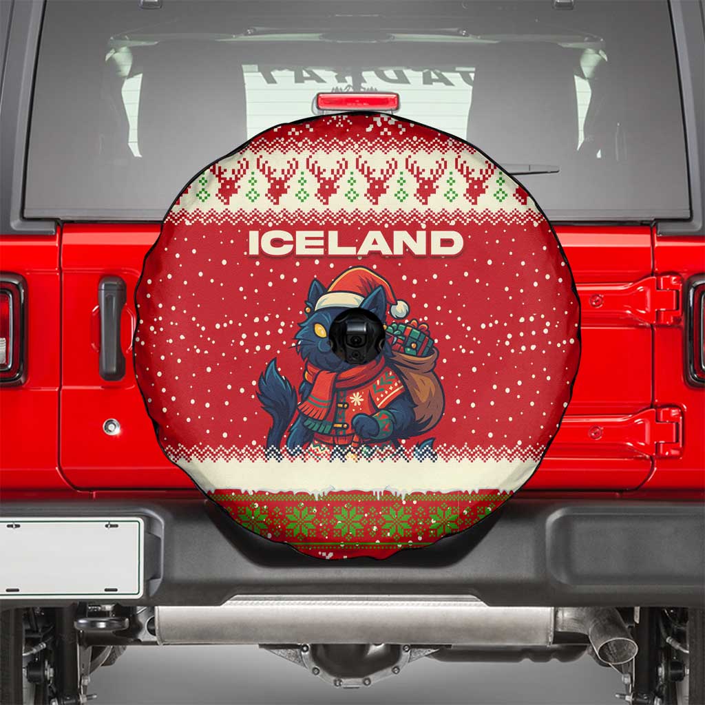 Iceland Christmas Spare Tire Cover with Red Snowflake Pattern Yule Cat and National Coat of Arms Motif - Wonder Print Shop