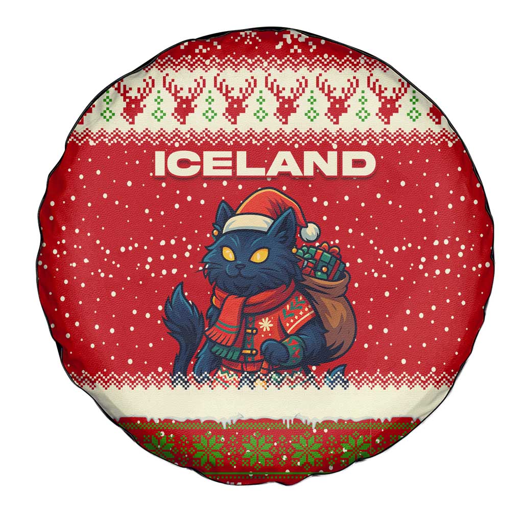 Iceland Christmas Spare Tire Cover with Red Snowflake Pattern Yule Cat and National Coat of Arms Motif - Wonder Print Shop