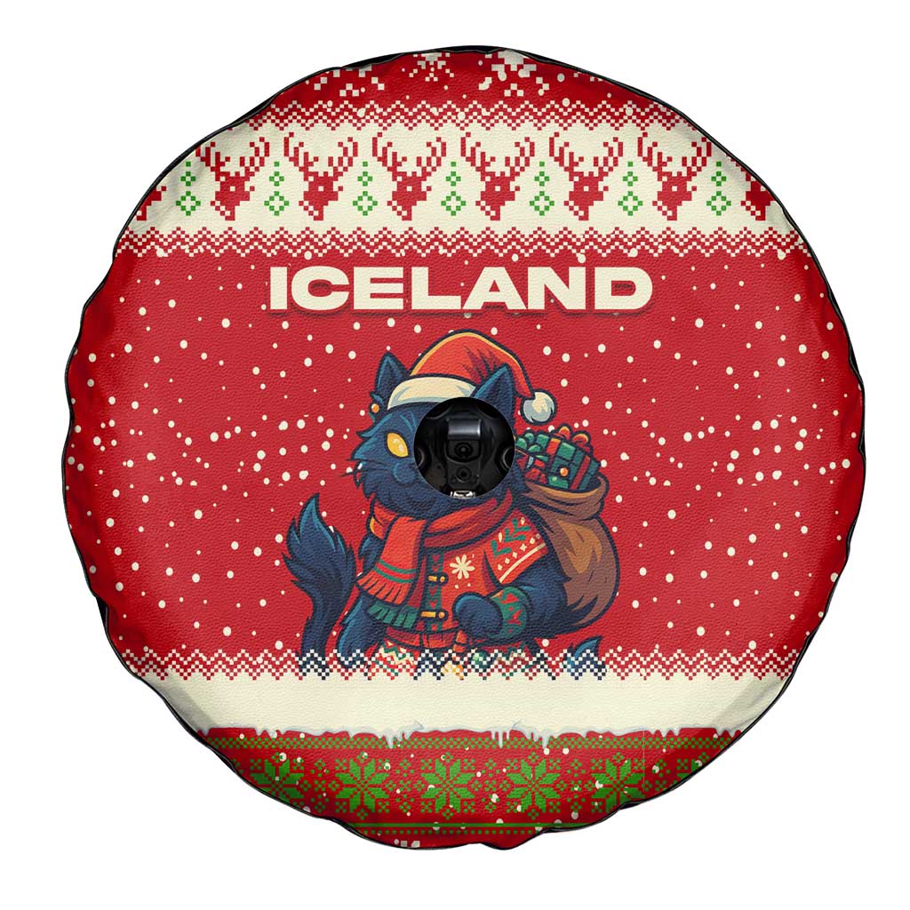Iceland Christmas Spare Tire Cover with Red Snowflake Pattern Yule Cat and National Coat of Arms Motif - Wonder Print Shop