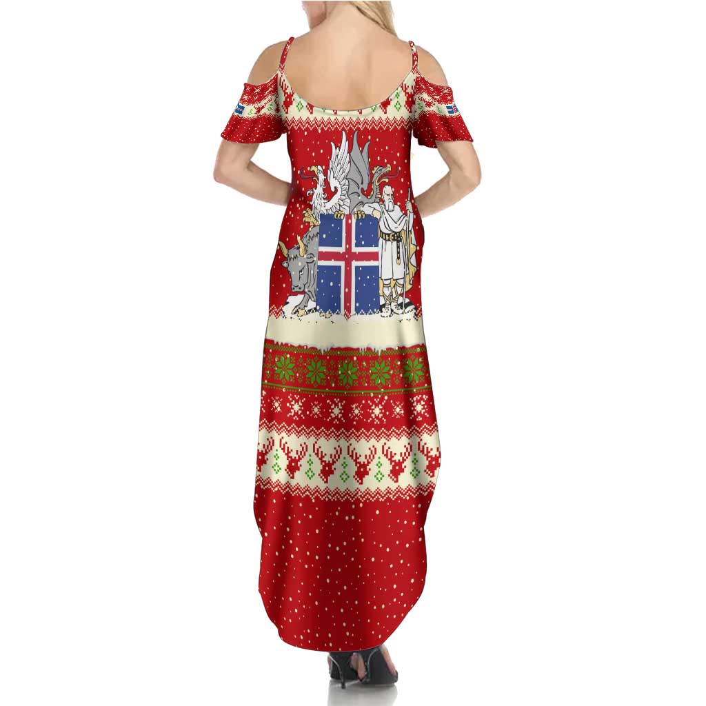 Iceland Christmas Summer Maxi Dress with Red Snowflake Pattern Yule Cat and National Coat of Arms Motif - Wonder Print Shop