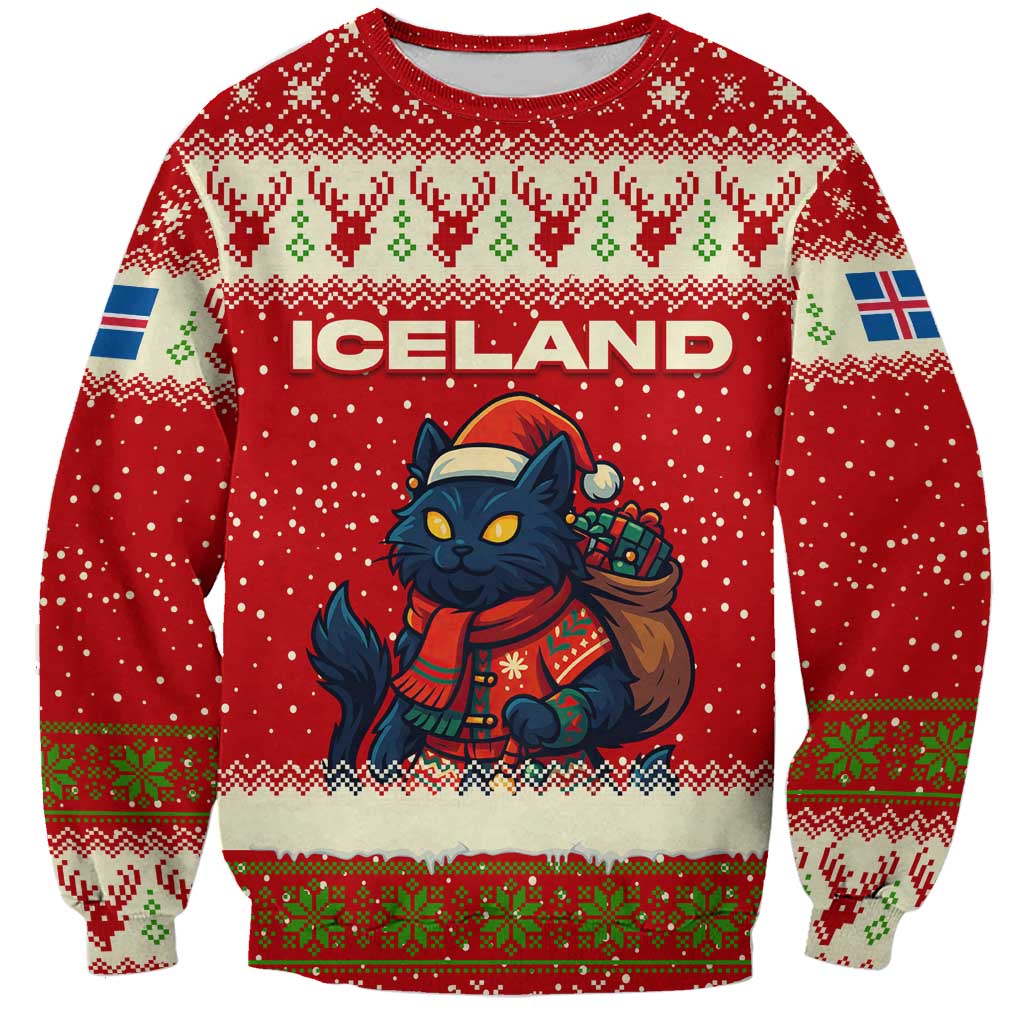 Iceland Christmas Sweatshirt with Red Snowflake Pattern Yule Cat and National Coat of Arms Motif - Wonder Print Shop
