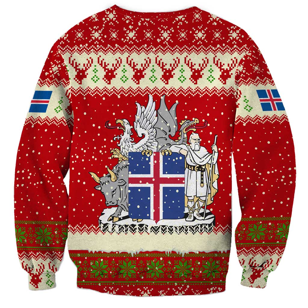Iceland Christmas Sweatshirt with Red Snowflake Pattern Yule Cat and National Coat of Arms Motif - Wonder Print Shop