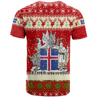 Iceland Christmas T Shirt with Red Snowflake Pattern Yule Cat and National Coat of Arms Motif - Wonder Print Shop