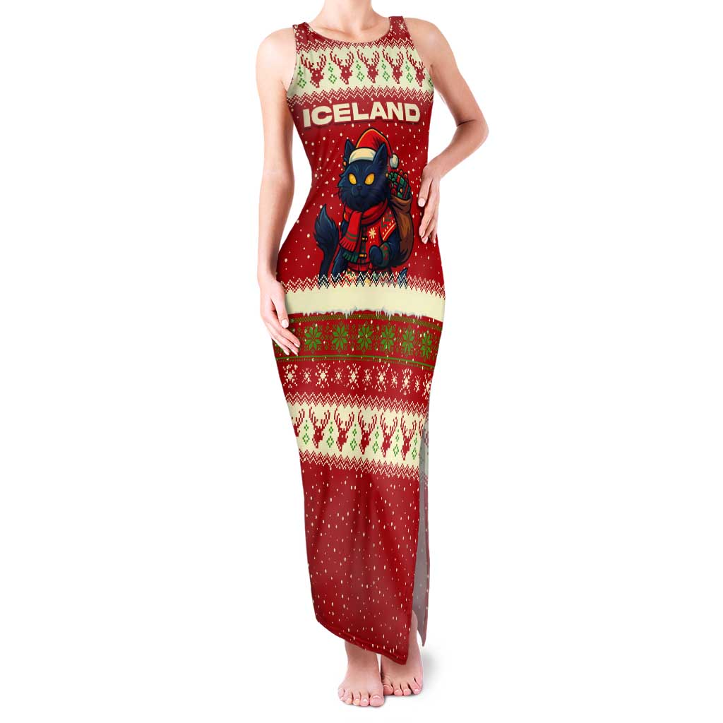 Iceland Christmas Tank Maxi Dress with Red Snowflake Pattern Yule Cat and National Coat of Arms Motif - Wonder Print Shop
