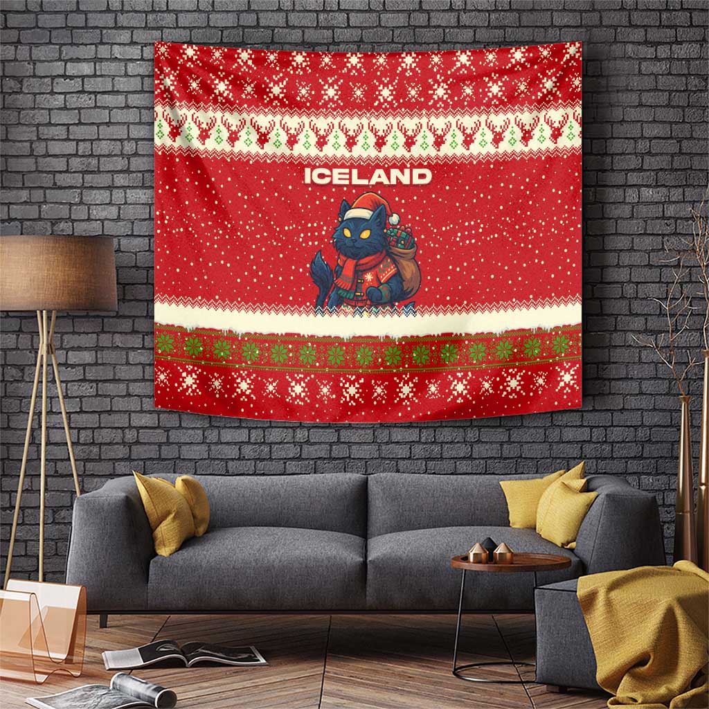 Iceland Christmas Tapestry with Red Snowflake Pattern Yule Cat and National Coat of Arms Motif - Wonder Print Shop