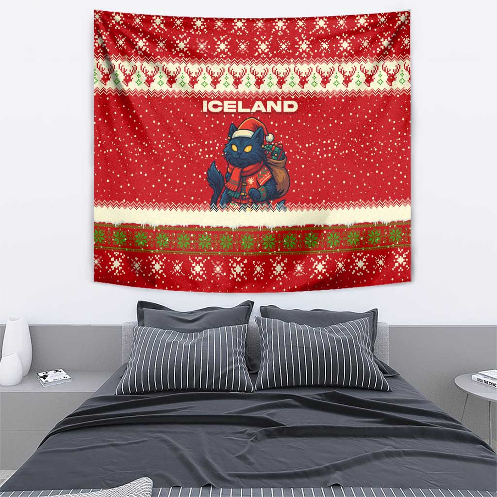 Iceland Christmas Tapestry with Red Snowflake Pattern Yule Cat and National Coat of Arms Motif - Wonder Print Shop