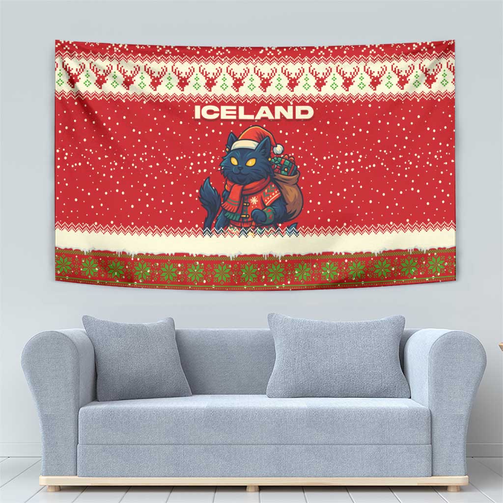 Iceland Christmas Tapestry with Red Snowflake Pattern Yule Cat and National Coat of Arms Motif - Wonder Print Shop