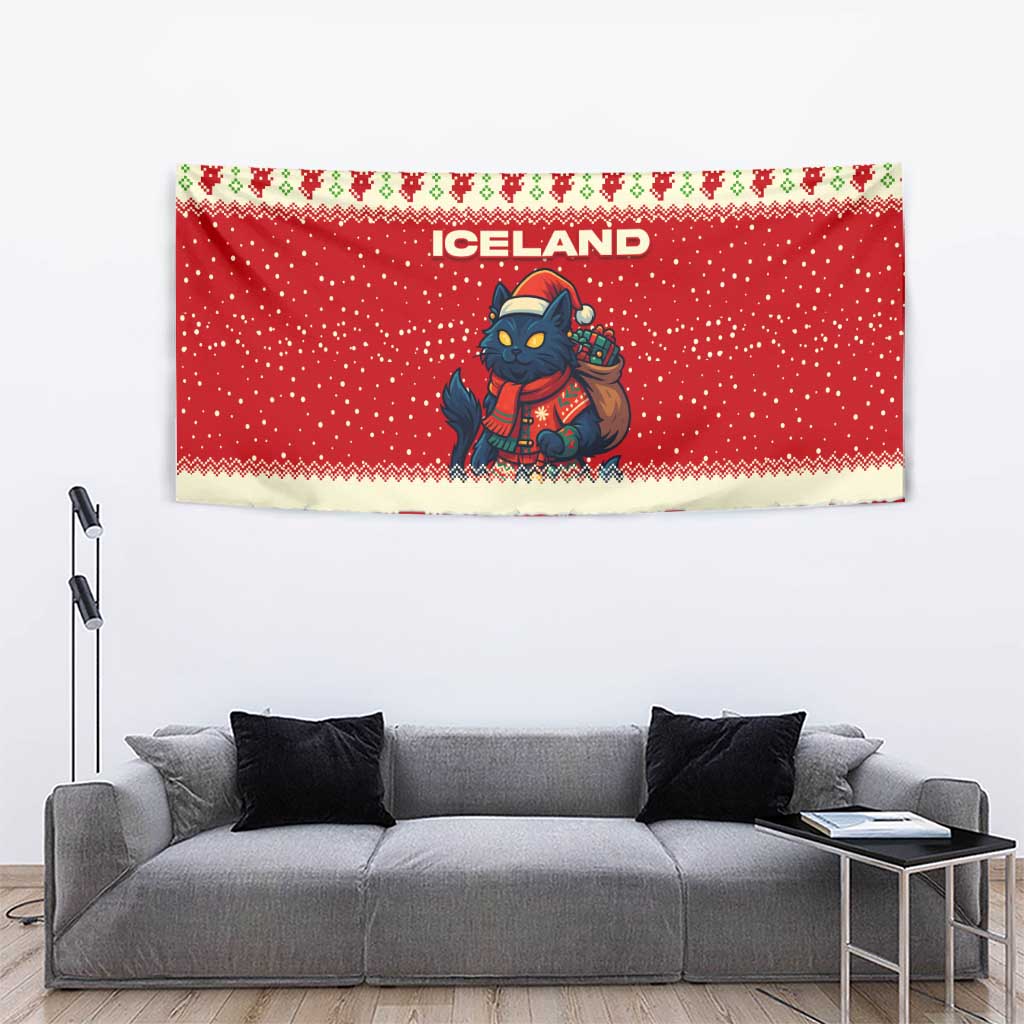 Iceland Christmas Tapestry with Red Snowflake Pattern Yule Cat and National Coat of Arms Motif - Wonder Print Shop