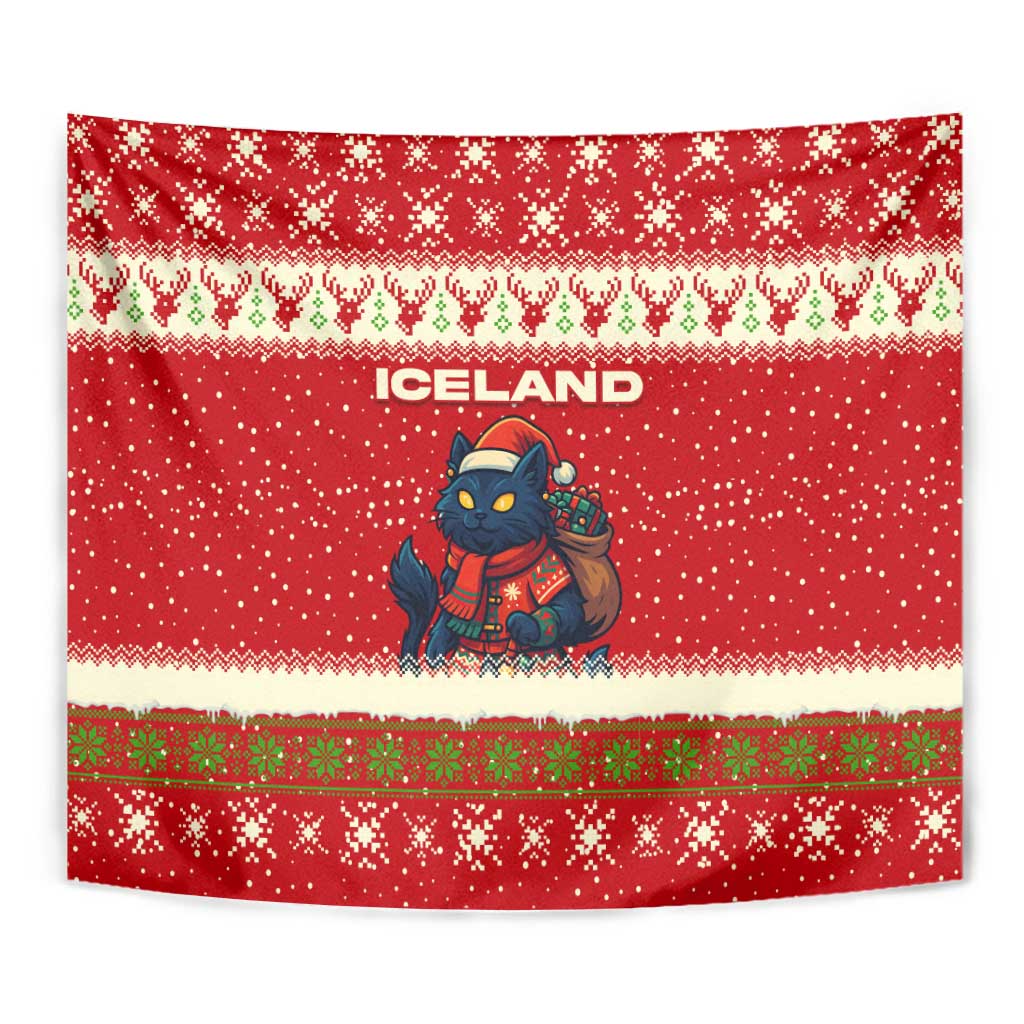 Iceland Christmas Tapestry with Red Snowflake Pattern Yule Cat and National Coat of Arms Motif - Wonder Print Shop