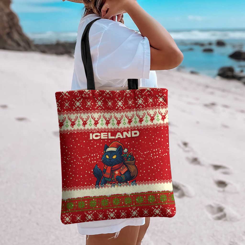Iceland Christmas Tote Bag with Red Snowflake Pattern Yule Cat and National Coat of Arms Motif - Wonder Print Shop