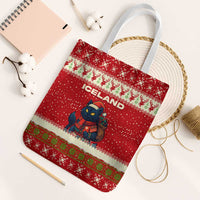 Iceland Christmas Tote Bag with Red Snowflake Pattern Yule Cat and National Coat of Arms Motif - Wonder Print Shop