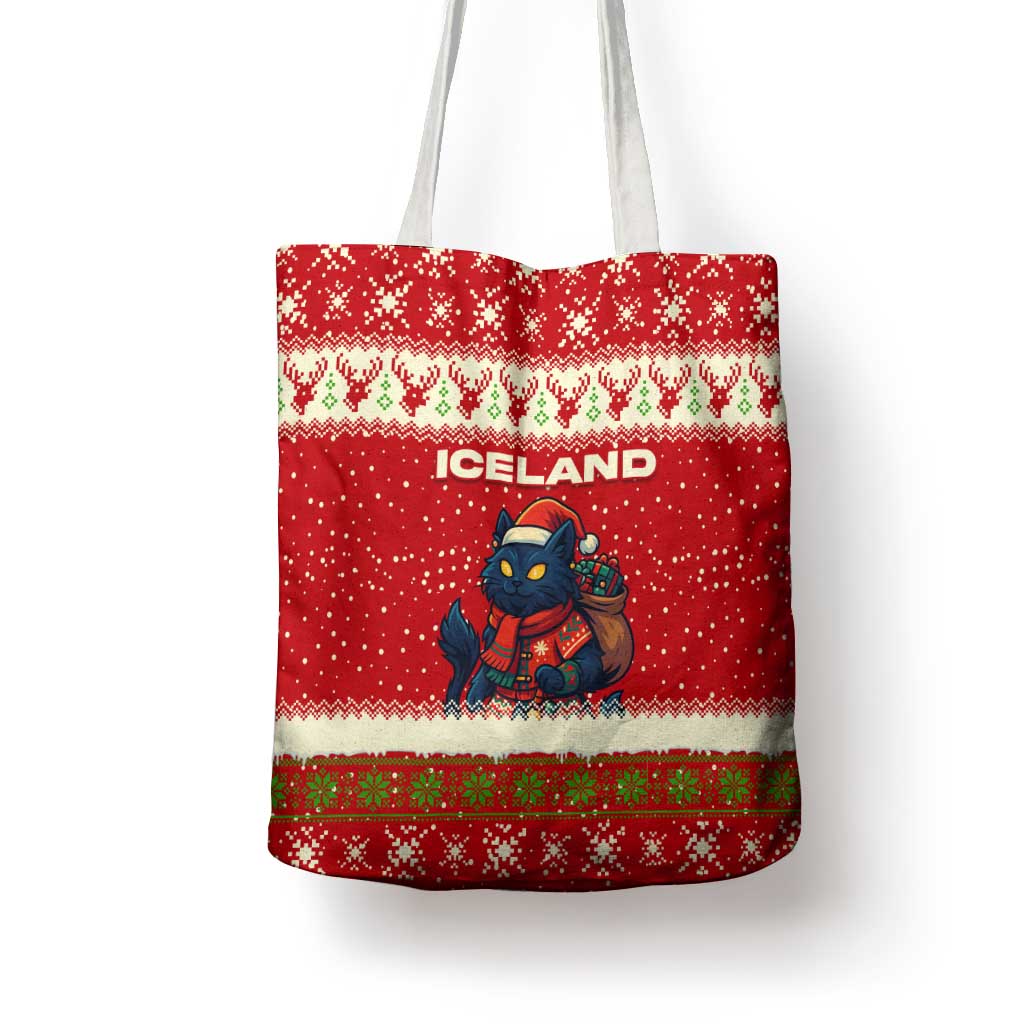Iceland Christmas Tote Bag with Red Snowflake Pattern Yule Cat and National Coat of Arms Motif - Wonder Print Shop