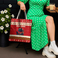 Iceland Christmas Tote Bag with Red Snowflake Pattern Yule Cat and National Coat of Arms Motif - Wonder Print Shop