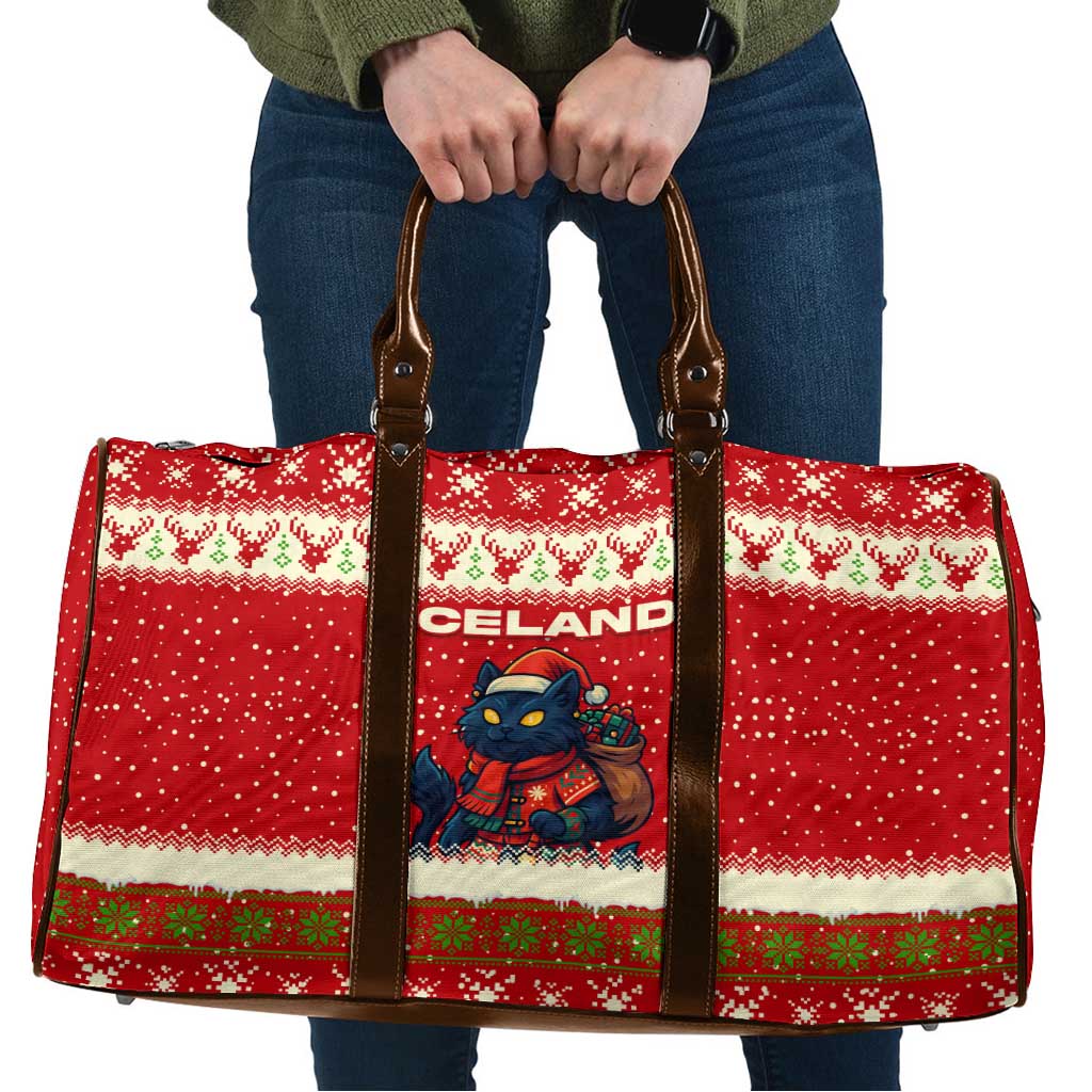 Iceland Christmas Travel Bag with Red Snowflake Pattern Yule Cat and National Coat of Arms Motif - Wonder Print Shop