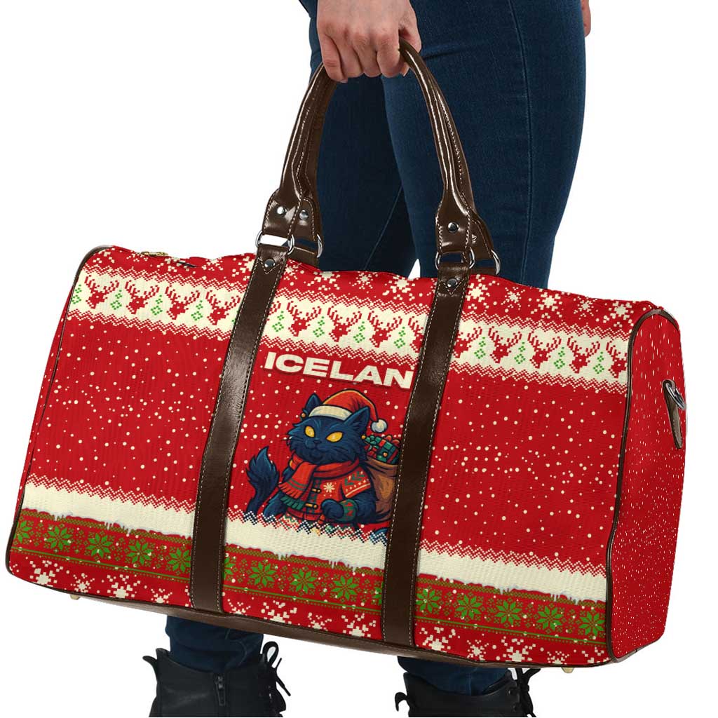 Iceland Christmas Travel Bag with Red Snowflake Pattern Yule Cat and National Coat of Arms Motif - Wonder Print Shop