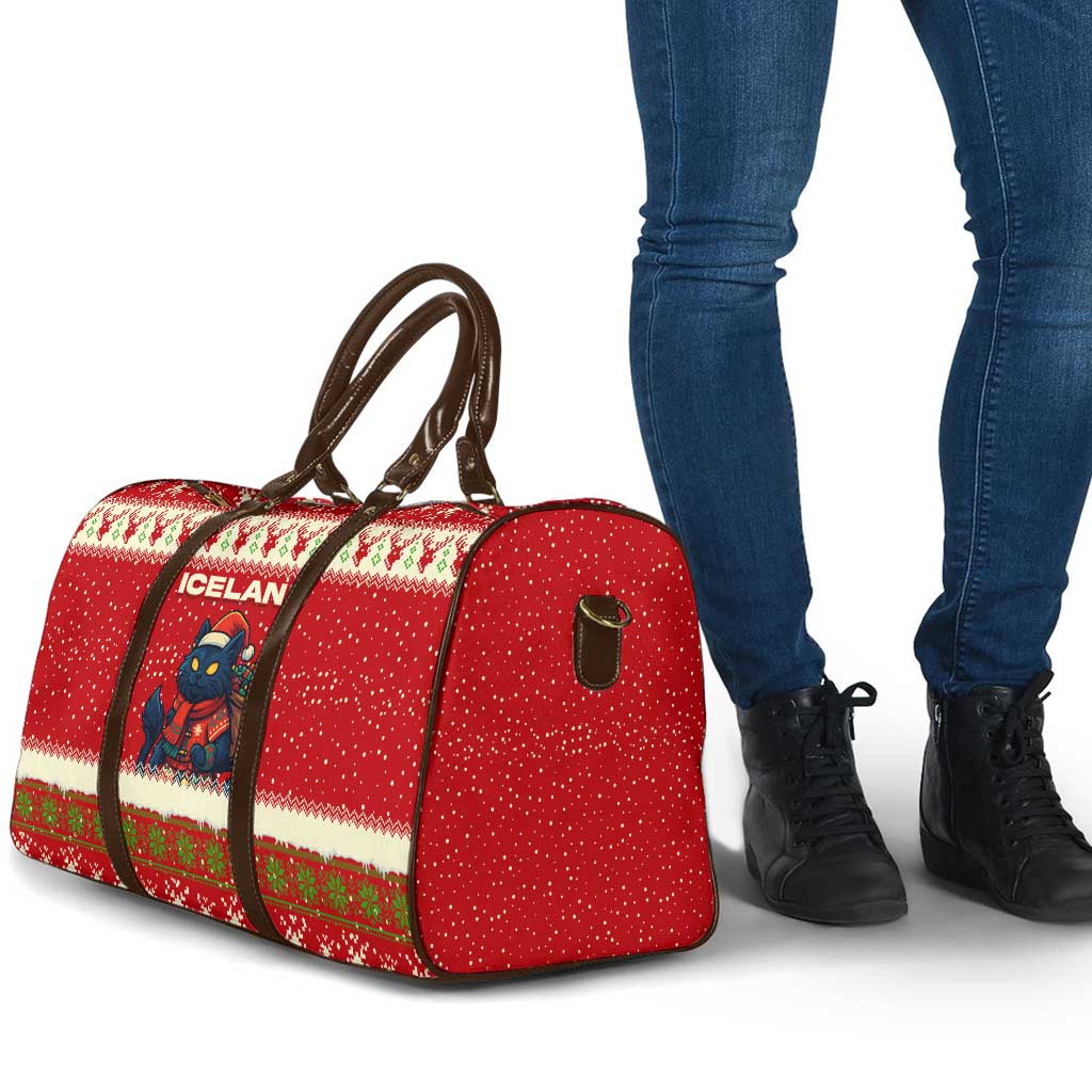 Iceland Christmas Travel Bag with Red Snowflake Pattern Yule Cat and National Coat of Arms Motif - Wonder Print Shop