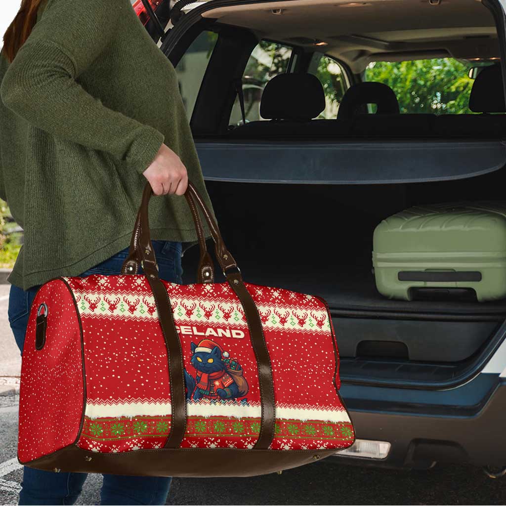 Iceland Christmas Travel Bag with Red Snowflake Pattern Yule Cat and National Coat of Arms Motif - Wonder Print Shop