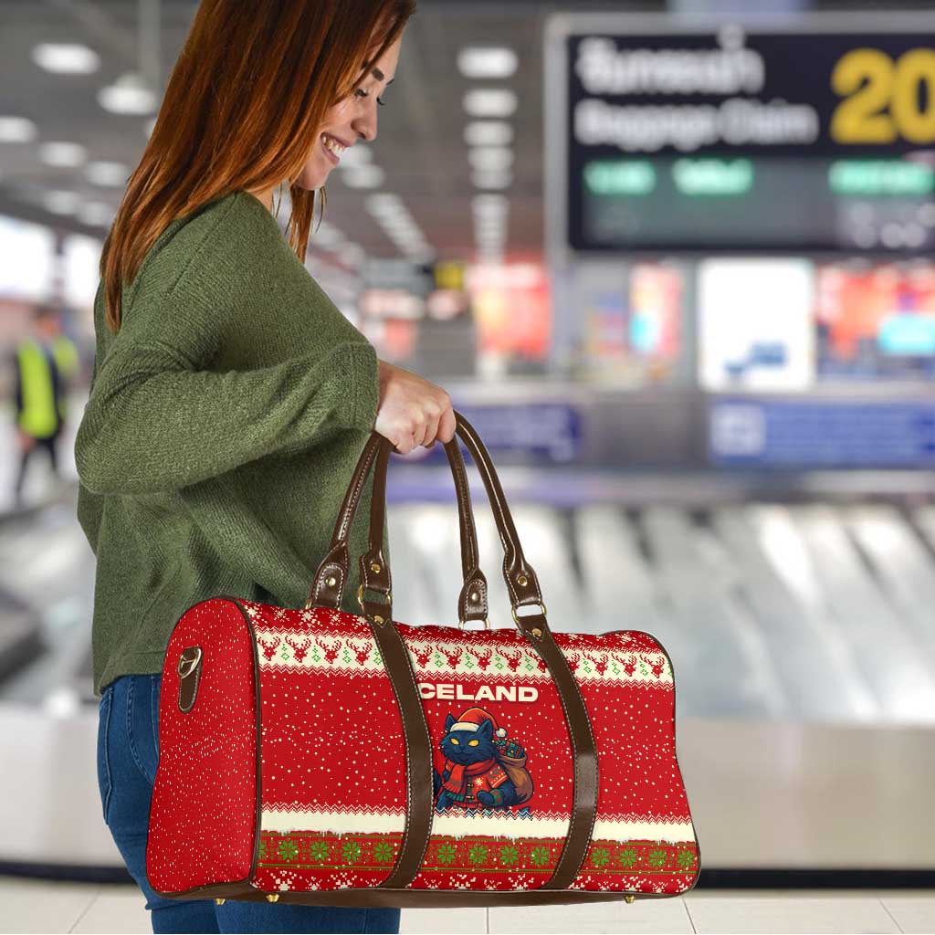 Iceland Christmas Travel Bag with Red Snowflake Pattern Yule Cat and National Coat of Arms Motif - Wonder Print Shop