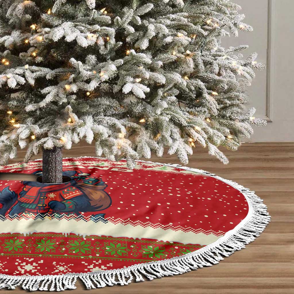 Iceland Christmas Tree Skirt with Red Snowflake Pattern Yule Cat and National Coat of Arms Motif - Wonder Print Shop