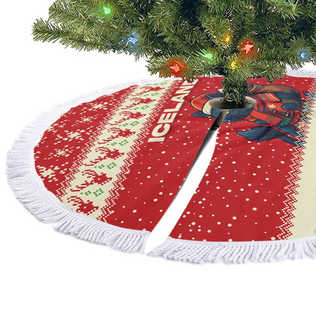 Iceland Christmas Tree Skirt with Red Snowflake Pattern Yule Cat and National Coat of Arms Motif - Wonder Print Shop